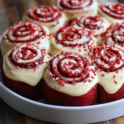 🎂 Indulge in These Irresistible Red Velvet Cinnamon Rolls! ❤️ Meet your new favorite treat—Red Velvet Cinnamon Rolls, where the classic flavor of red velvet meets the gooey, sweet perfection of cinnamon rolls! Topped with creamy cream cheese frosting and sprinkled with red velvet crumbs, these rolls are as beautiful as they are delicious. Perfect for a special breakfast, brunch, or a sweet afternoon delight! 🌟 Ingredients: 3 cups all-purpose flour 1/4 cup granulated sugar 1 packet active dr... Red Velvet Food Photography, Red Velvet Cinnamon Rolls, Red Velvet Donuts, 2025 Moodboard, Rolls Recipe Easy, Easy Cinnamon Rolls Recipe, Red Desserts, Red Velvet Recipes, Special Breakfast