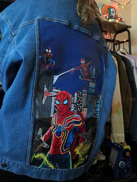 Avengers Shoes, Marvel Jacket, Painted Jean Jacket, Hero Clothes, Marvel Fashion, Custom Sneakers Diy, Diy Denim Jacket, Marvel Clothes, Spider Man No Way Home