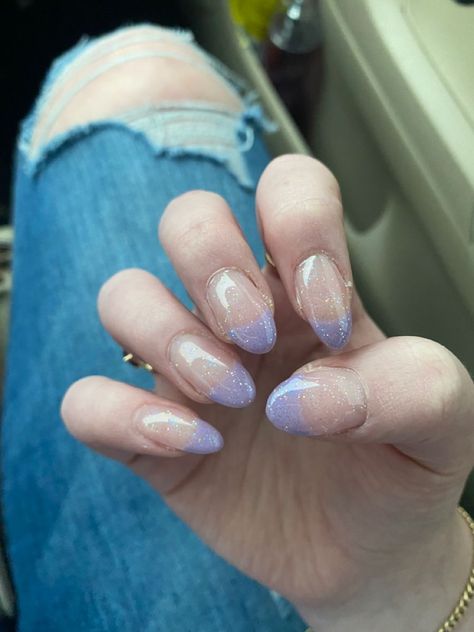 Cute gel nails, purple french tips, glitter nails, aesthetic nails Purple Sparkly French Tip Nails, Sparkly Purple French Tip Nails, Light Purple And Silver Nails, Purple Glitter French Tip Nails, Glittery Purple Nails, Prom Nails Purple, Nails Purple French, Gel Nails Purple, Purple Prom Nails