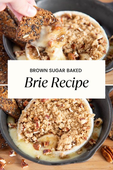 This brown sugar baked brie makes a delicious appetizer, and is sure to be a hit wherever it goes! Ooey-gooey brie topped with melted sugar and crunchy pecans makes the perfect starter or addition to any charcuterie board. This easy recipe is perfect for Thanksgiving, Christmas, or any holiday get-together! Quick Holiday Appetizers, Easy Baked Brie Recipe, Baked Brie Cheese, Baked Brie Recipe, Baked Brie Recipes, Sweet Appetizer, Brie Appetizer, Brown Sugar Recipes, Brie Recipes