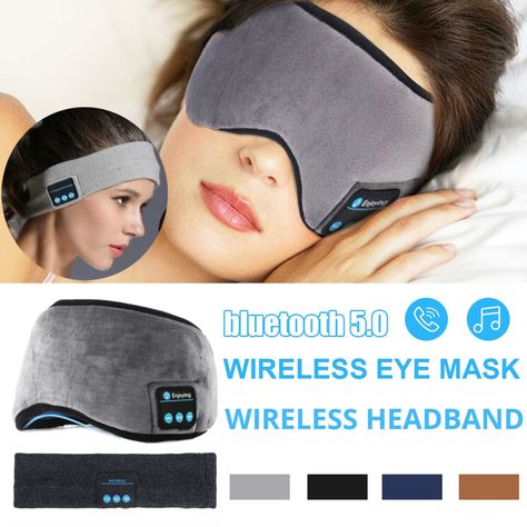 Sleeping Eye Mask w/Wireless Bluetooth Headset Speakers & Built In Mic GetTheGiftshop Eye Mask Headphone Package Includes: 1 x Eye Mask 1 x Charging Cable Specification: Product Name: Wireless Eye Mask Model: E36870 Circumference: 570-650mm / 22.44''-25.59'' Width: 127mm / 5'' Color: Black, Grey, Dark Blue, Coffee Material: Velvet + Polyester bluetooth Version: V5.0 Charging Time: 2-3 Hours Playing time: About 13 hours (According to the phone volume) Talk time: About 14 hours or more(According t Sleep Headphones, Gadgets Technology Awesome, Headphones With Microphone, Sports Headphones, Built In Speakers, Bluetooth Headset, Bluetooth Headphones, Sleep Mask, Wireless Headphones