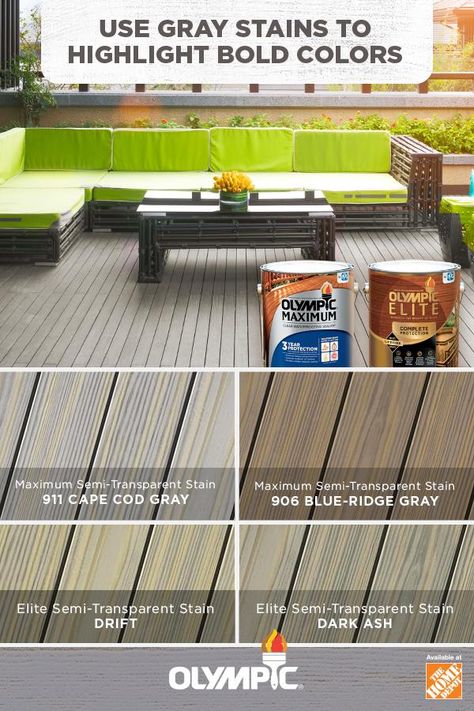 Gray Stain Colors to Make Your Deck Look Great |  Wood furniture on a wooden deck can present something of a design challenge - especially when you're working with different types of wood. That's why Olympic created a collection of gray stains. These neutral shades help the furniture in your space stand out rather than blend in. Deck Stain Ideas For Grey House, Deck Stains For Gray House, Deck Wood Stain Colors, Gray Deck Stain Colors, Olympic Deck Stain Colors, Deck Colors For Gray House, Olympic Deck Stain, Wood Deck Ideas, Grey Deck Stain