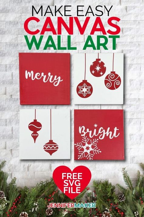 DIY Canvas Wall Art made using a Cricut and a free SVG file from JenniferMaker Christmas Wall Decor Diy, Diy Christmas Canvas, Diy Christmas Wall, Jennifer Maker, Christmas Svgs, Crafts Cricut, Wall Art Tutorial, Cricut Christmas Ideas, Christmas Canvas Art