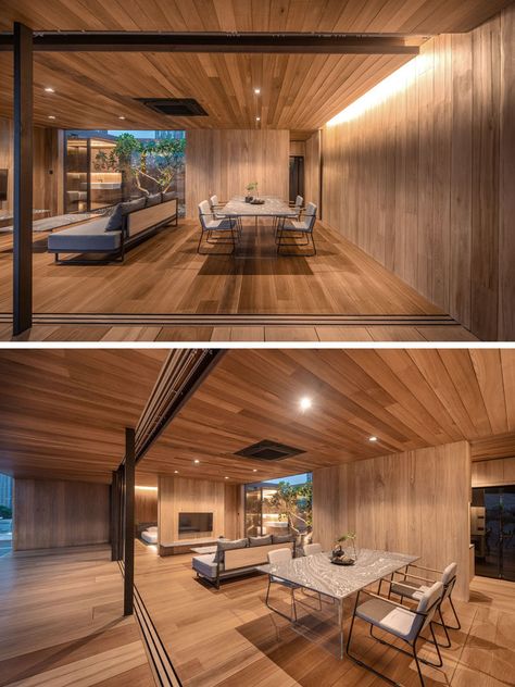 Living Room Ideas - This modern wood house, which also features plenty of glass walls, has an open living room and dining room. #LivingRoom #ModernWood #WoodInterior #HiddenLighting Modern Wood House, Building A Small House, Best Modern House Design, Small Courtyards, Glass Walls, Wood House, Open Living Room, Mansions Luxury, Modern Architecture House