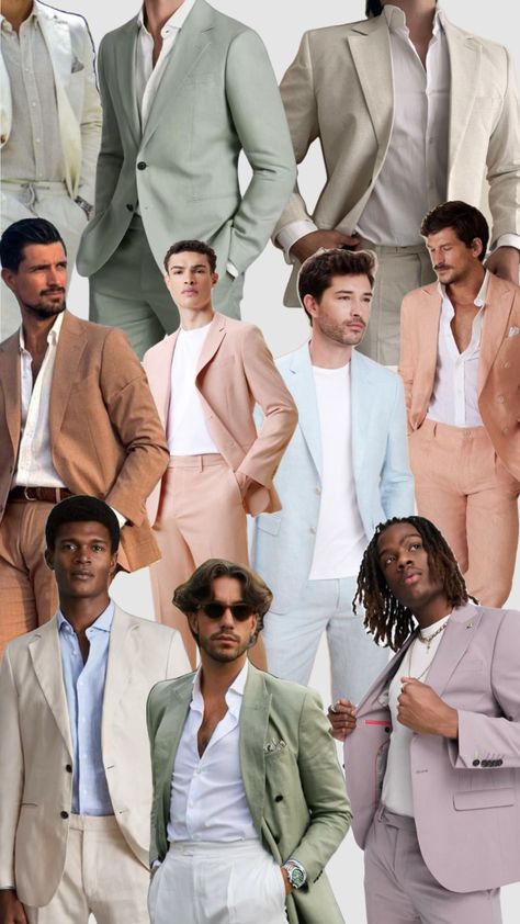 #wedding #weddingsuit #weddingattire Men's Suit Summer Wedding, Pastel Sunset Wedding Theme, Groomsmen Pastel Attire, Italian Wedding Attire, Summer Suits Men Wedding Guest, Men’s Wedding Guest Attire Spring, Male Bridesmaid Outfit, Garden Party Wedding Groomsmen, Pastel Groomsmen Attire