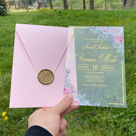 Quince invitation, Pink floral Sweet Sixteen invitation, Acrylic birthday invitation, Quinceañera,  Clear Acrylic invitation, Pink envelope Quince Decor, Quinceanera Pink, Pink Quince, Quince Invitations, Acrylic Invitation, Blue Aesthetic Dark, Pink Envelope, Sweet Sixteen Invitations, Quince Ideas