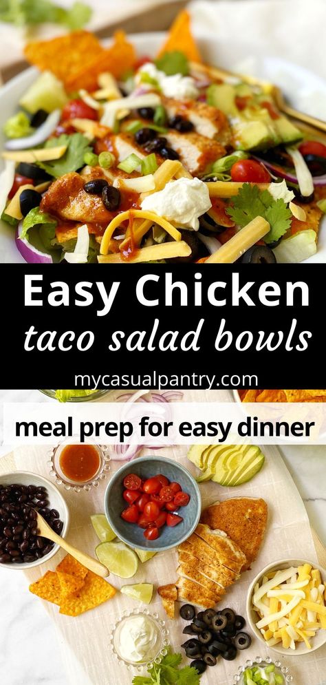 Chicken Taco Salad Bowl, Chicken Taco Bowl Recipe, Build Your Own Salad, Taco Salad Bar, Chicken Breast Tacos, Salad Bowl Recipes, Chicken Taco Bowls, Taco Salad Bowls, Taco Toppings