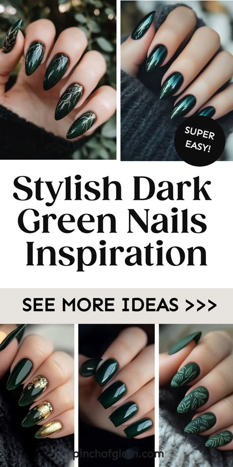 Looking to switch up your nail game? Dive into the sultry allure of dark green nails! 💅🌿 Whether you're into intricate designs or simple ideas, dark green nails offer a bold and sophisticated look that's perfect for any occasion. From forest green matte finishes to shimmering emerald accents, the options are endless for creating unique and stylish nail art. Elevate your manicure game with these gorgeous dark green nail designs and get ready to make a statement everywhere you go! Cool Nails Acrylic Art Designs Almond, Green Emerald Nails Short, Evergreen And Gold Nails, Pretty Emerald Green Nails, Matte Accent Nails, Forest Green Glitter Nails, Classy Green Nail Designs, Fall Green Nails 2024, Dark Green Nails For Christmas