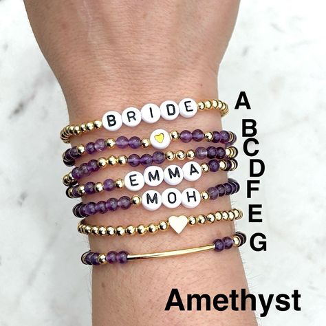 🔹 Design the custom name bracelet stack that you have always wanted! These minimalist stacking bracelets can be personalized so you can get exactly what you want.🔹They are made with 4mm gemstone beads, 18k gold plated beads, 18k gold filled beads, sterling silver beads or rose gold beads and then strung together with a strong elastic cord.🔹EACH BRACLET IS ORDERED SEPARATELY. Please add each bracelet style separately to your cart. They will be sent to you as a stack. If you want all seven brac Name Bracelets, Rose Gold Beads, Stacking Bracelets, Bracelet Style, Organza Ribbon, Name Bracelet, Gold Letters, Bracelet Stack, Gold Beads