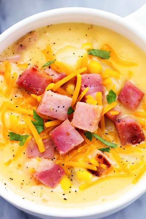 This hearty and delicious soup is full of ham, potatoes, and veggies. The real cheddar cheese inside adds such amazing flavor to this comforting soup! It became an instant favorite at our house!  I kn Potato Cheddar Soup, Ham Soup Recipes, Cheddar Soup Recipe, Best Potato Soup, Cheesy Potato Soup, Cheddar Potatoes, Ham And Potato Soup, Ham Potato, Leftover Ham Recipes