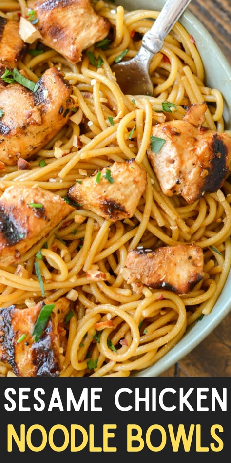 These Sesame Chicken Noodle Bowls are packed with tender orange chicken and sweet and spicy sesame noodles! Sesame Chicken Pasta, Asian Chicken Noodles Recipe, Ginger Chicken With Sesame Peanut Sauce, Sesame Chicken Ramen Noodles, Chicken Noodle Asian Recipes, Spicy Noodles With Chicken, Spicy Asian Noodles With Chicken, Sesame Chicken And Noodles, Sesame Chicken With Noodles