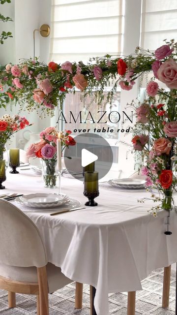 Elizabeth Novoa & Alexa Mason (mother & daughter) on Instagram: "AMAZON OVER THE TABLE ROD  Comment “LINK” and be following us to receive a dm with a link to this over the table rod and more!  We cannot wait to use this over the table rod this holiday season!! The possibilities are endless and you can create so many gorgeous tablescapes with it. Highly recommend if you love entertaining and want to take your decor to the next level! It would be adorable for kiddo birthdays too 🥹❤️  #amazonhome #flowerarranging #ltkhome #homedecorlovers  #interiordecoratingideas #parisianinterior #anthrohome  #flowerarrangements  Amazon home finds, interior decorating, floral centerpiece" Over The Table Rod Decor Valentines, Over The Table Rod Diy, Over The Table Rod Decor, Table Rod Decor, Gorgeous Tablescapes, Over The Table Rod, Tea Party Bridal Shower Decorations, Table Arch, Jewel Tone Dress