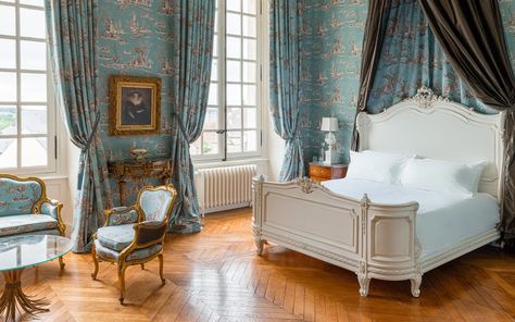 This New Hotel Will Make You Feel Like French Royalty in an 18th-century Chateau | Travel + Leisure French Chateau Bedroom, Chateau Bedroom, French Chateau Interiors, French Chateau Style, French Castle, Chateaux Interiors, Chateau Hotel, French Castles, White Oak Floors