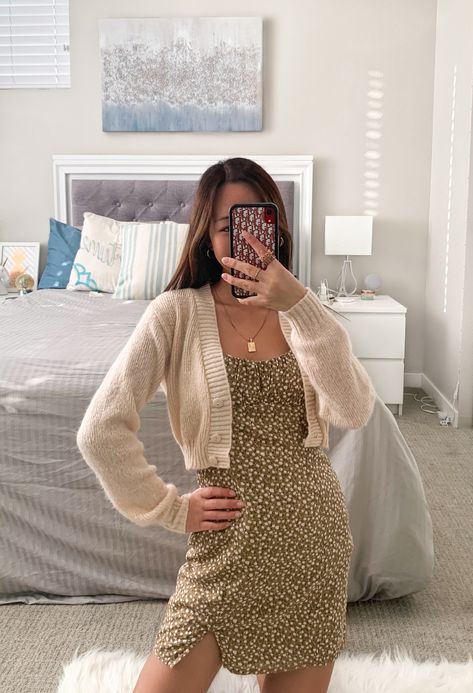 Cardigan To Wear With Dress, Dress With Knitted Cardigan, Cardigan Outfit Aesthetic Summer, Mini Dress And Cardigan, Cute Dress With Cardigan, Dress With Small Cardigan, Short Cardigan With Dress, Spring Dress With Cardigan, Cardigans With Dresses