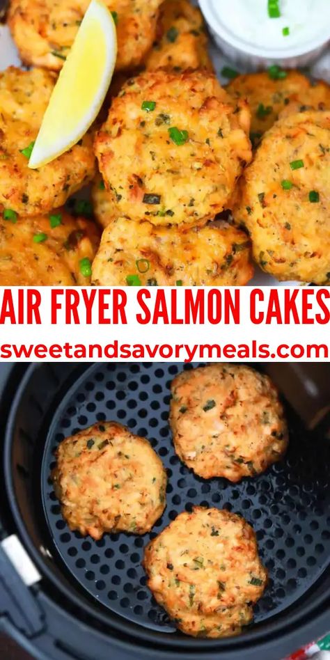 Air Fryer Salmon Cakes - Sweet and Savory Meals Air Fried Salmon Cakes, Airfryer Salmon Cakes, Shredded Salmon Recipes, Air Fryer Salmon Cakes, Airfryer Fish, Airfryer Salmon, Airfryer Meals, Shred 10, Seafood Ideas