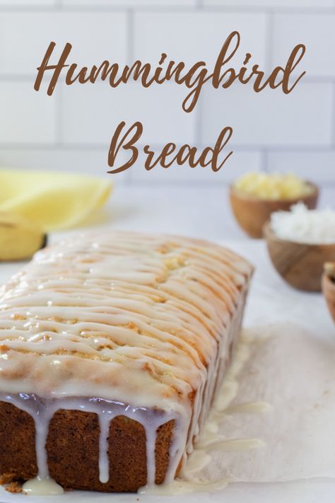 This Hummingbread Bread recipe is reminiscent of the better known southern favorite, Hummingbird Cake. It’s smaller, less sweet and topped with cream cheese glaze instead of a thick coating of frosting. It works as a sweet breakfast, amazing brunch, or even as a dessert! The banana, pineapple, coconut and pecan flavors still play prominently. Cream Cheese Glaze Recipe, Hummingbird Bread Recipe, Strawberry French Toast Casserole, Hummingbird Bread, Bread With Cream Cheese, Cinnamon Streusel Coffee Cake, Streusel Coffee Cake, Hummingbird Cake, Cream Cheese Glaze