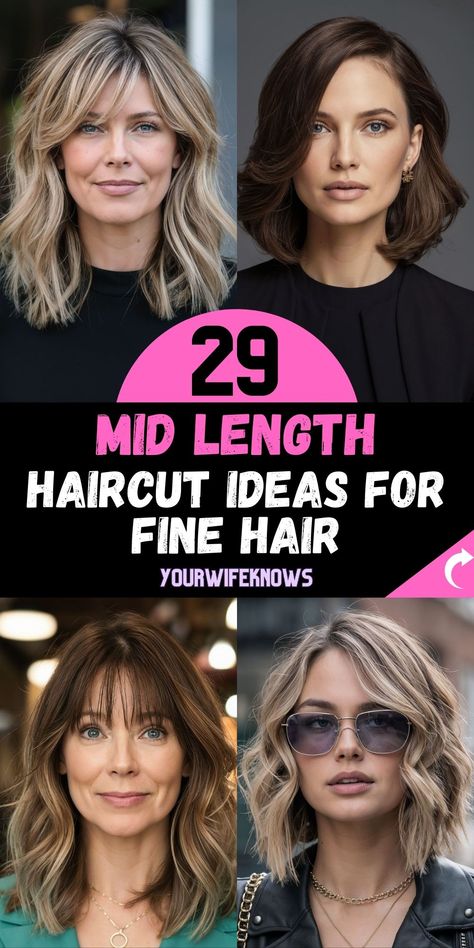 Haircut Ideas For Fine Hair, Ideas For Fine Hair, Mid Haircuts, Bangs Layers, Medium Fine Hair, Fine Hair Cuts, Brunette Hair Cuts, Mid Length Blonde, Fine Hair Styles For Women