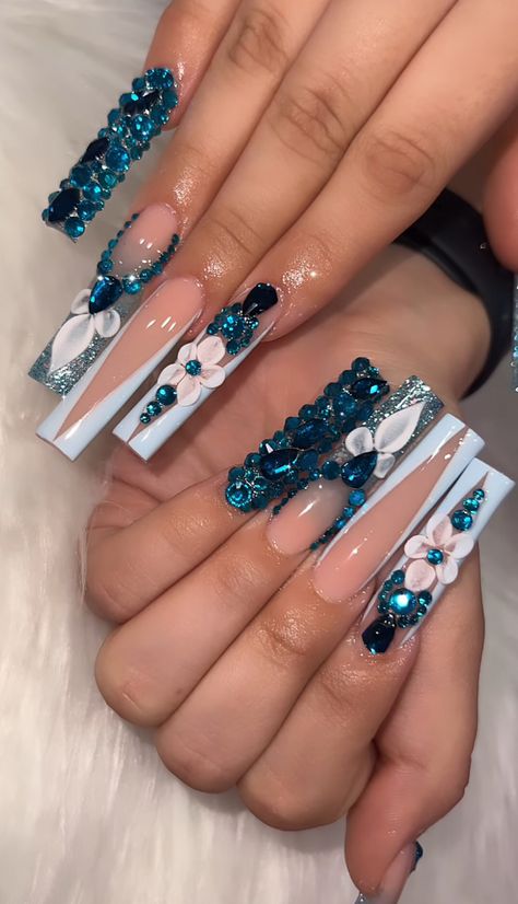 Blue Diamond Nail Designs, Royal Blue Nails With Diamonds, Glam Acrylic Nails Bling, Light Blue Bling Nails, Birthday Nails Aquarius, Royal Blue Long Nails, Long French Tip Nails With Design, Gender Reveal Nails Ideas Acrylic, Blue Rhinestone Nails