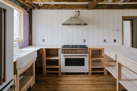 The Hunter Houses: See Our Organic, Rustic Kitchen Before & After (with DIY Cabinets!) - Front + Main Rustic Cottage Kitchens, Plywood Countertop, Barn Kitchen, Cabinet Fronts, Freestanding Kitchen, Blank Slate, Cottage Kitchens, House Hunters, Rustic Cottage