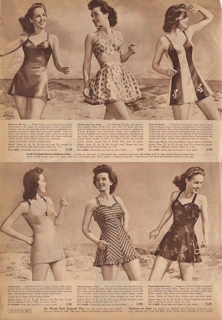 Montgomery Ward Spring Summer 1943 1940s Catalog, 40s Swimsuit, 1940s Swimsuit, 1940's Hair, Classic Swimsuit, Vintage Bathing Suits, Bags For Sale, Vintage Swim, Montgomery Ward