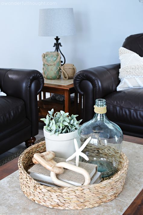 Seashell Display Coffee Table, Beachy Coffee Table Decor, Nautical Coffee Table Decor, Beach Centerpieces Dining Room, Beach Coffee Table Decor, Beach House Table Centerpiece, Coastal Tray Decor Ideas, Modern Coastal Coffee Table, Coastal Table Centerpiece