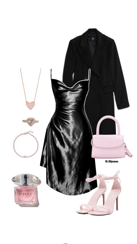 Simple but super elegant black dress outfit | date night inspo | pink | black | satin dress | pink heels | pink purse | classy | elegant style | 2024 Black Outfit Pink Accessories, Pink And Black Dress Outfit, Elegant Date Night Outfit Classy, Satin Dress Pink, Aries Outfits, Black Dinner Dress, Pink Dress Outfits, Black Dress Outfit, Baby Pink Shoes