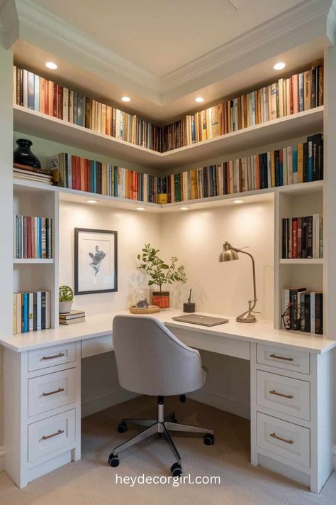 15 Must Copy Bedroom Library Ideas - Hey Decor Girl [Latest Trending Decor Design Ideas] Small Space Library Office, Library Room With Desk, Study Ideas Room, Corner Home Office Ideas, Study Library Room Ideas, Corner Office Space In Bedroom, Library With Desk, Library Office Room Ideas, Desk Area In Bedroom