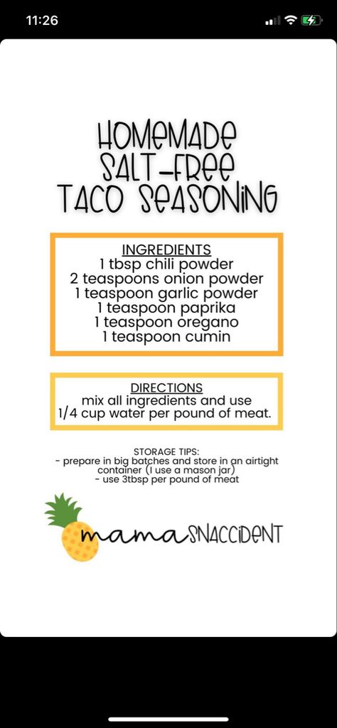 Salt free taco seasoning Low Sodium Taco Seasoning, Substitute For Taco Seasoning, Salt Free Taco Seasoning Recipes, Salt Free Taco Seasoning, No Salt Taco Seasoning Recipe, Salt Free Cajun Seasoning Recipe, Lowrys Seasoning Salt, Taco Seasoning Ingredients, Diy Taco Seasoning