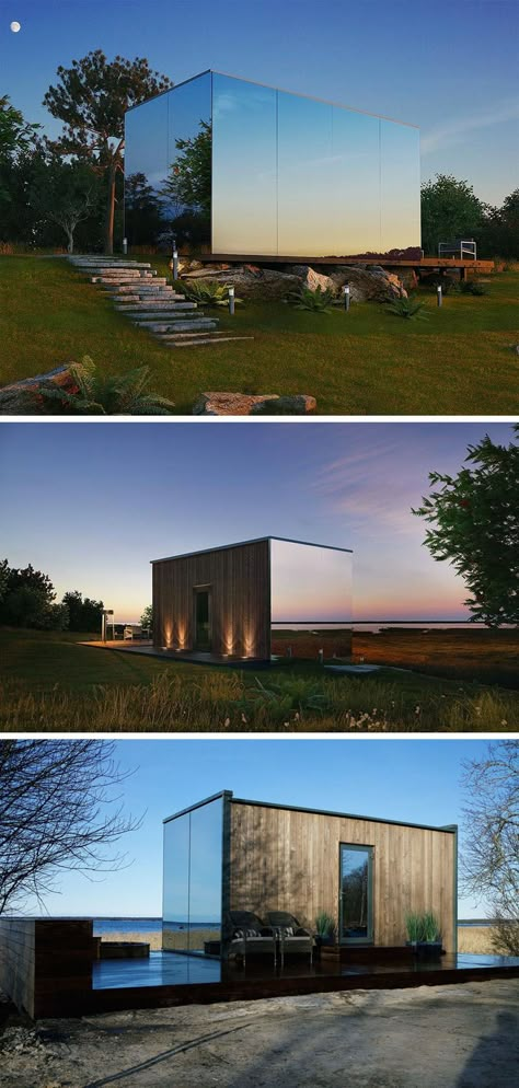 This modern mirrored house is prefabricated and can be installed in 8 hours. Functionality and comfort is the main goal as it is meant for short-term accommodation. Mirror Building Architecture, Mirror House Exterior, Mirror Tiny House, Architecture Tiny House, Mirror House Design, Ööd Mirror House, Glass Houses Architecture, Luxury Container House Design, Mirrored Architecture