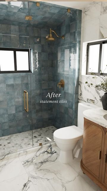 Edward Martin on Instagram: "Talk about a transformation! A breathtaking combination of blue and marble. 💙  Featuring: • Lilah 6x6 in Marine • Aniston 24x48 + 2x2 Mosaic in Calacatta Antico  #bathroom #tile #color #blue #marble #beforeandafter #bluetile #cute #interiordesign #greenbathroom #bathroominspiration #bathroomdecor #bathroomremodel #bathroomrenovation #bathroomgoals #bathroomideas #inspo #design #aesthetic #greenbeauty #remodeling #remodel" Marble Shower Walls, Colorful Bathroom Tile, Blue Tile Wall, Statement Tiles, Marble Showers, Tile Color, Master Bath Remodel, Bathroom Goals, Design Consultation