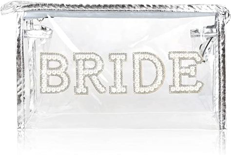 Bride Makeup Bag Bride Gifts Pearl Rhinestone Letter Patch Clear PVC Water-resistant Portable Zipper Cosmetic Toiletry Travel Organizer for Bridal Shower Wedding day Bachelorette Party Bride Makeup Bag, Bright Makeup, Rhinestone Letters, Perfect Bride, Wedding Bridal Party, Honeymoon Travel, Travel Organizer, Bride Makeup, Travel Toiletries