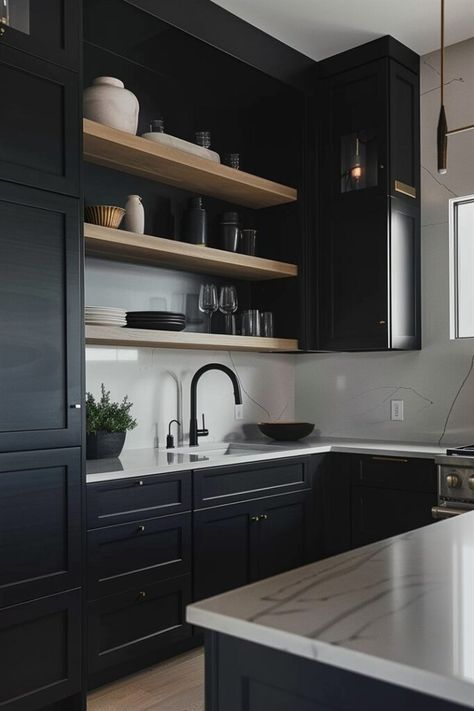 Black Shaker Kitchen, Black Kitchen Inspiration, Home Haunted House, Black Kitchen Ideas, All Black Kitchen, Modern Black Kitchen, Black Kitchen Cabinets, Sleek Kitchen, Dark Kitchen