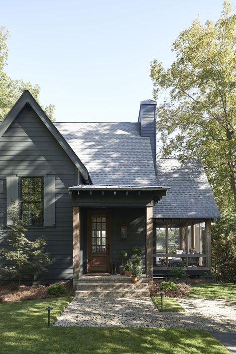 Grey Black And Brown House Exterior, New Zealand Houses Exterior, Light Metal Roof Dark Siding, Gray Shingles Roof, Black Window House Exterior, Dark House Light Trim, Best Exterior Colors For Small Houses, Black Foundation House, White Windows With Black Trim