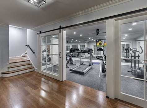 Sunroom Home Gym, Modern Farmhouse Workout Room, Gym House Ideas, Farmhouse Workout Room, Indoor Workout Room At Home, At Home Gym Ideas Basements, Gym Inside House, Home Gym Door Ideas, Home Gym Glass Doors