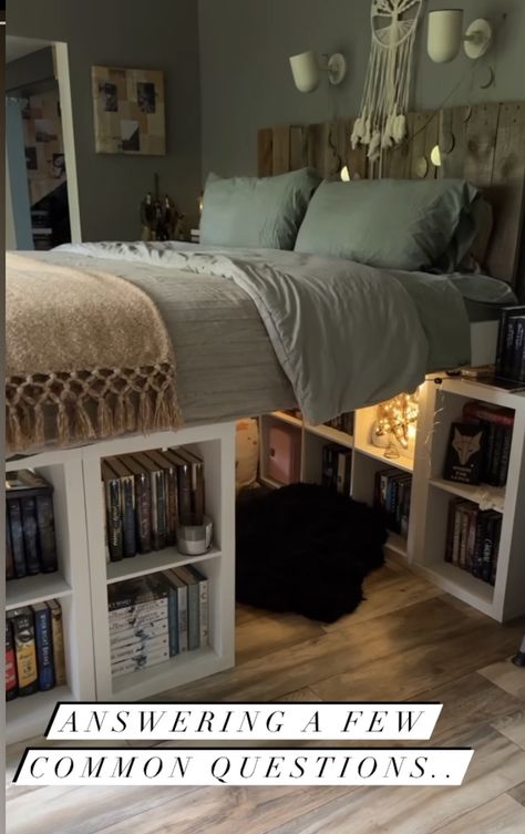 Stairs Up To Bed, Bed With Bookshelf Underneath, Book Case Bed Frame, Bed On Top Of Bookshelves, Under Bed Bookshelf, Bed With Nook Underneath, Bed On Bookshelves, Ikea Shelves Bed, Room Layouts For Small Bedrooms