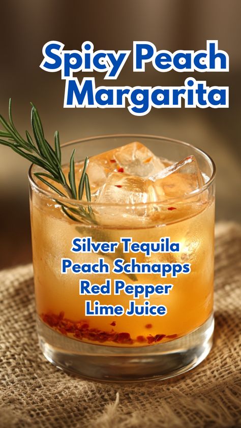 Spicy Peach Margarita Spicy Cocktails, Cocktail Cards, Winter Holiday Recipes, Peach Margarita, Red Pepper Jelly, Peach Cocktail, Spicy Cocktail, Mix Drinks, Peach Sangria