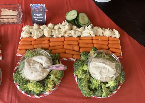 Monster Truck Appetizers, Monster Truck Veggie Tray, Monster Truck Fruit Tray, Monster Truck Snack Ideas, Monster Truck Party Food Ideas, Monster Truck Birthday Food Ideas, Monster Truck Birthday Party Food, Monster Jam Birthday Party Ideas Food, Monster Jam Party Food