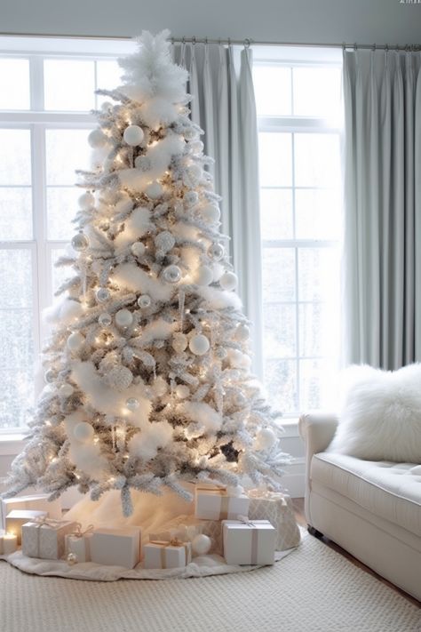 Christmas Tree Ideas For Flocked Tree, All White Decorated Christmas Tree, White Christmas Tree Topper, Snowy Christmas Tree Aesthetic, Christmas Trees White, White Nutcracker, White Christmas Tree Decorating Ideas Winter Wonderland, White Themed Christmas Tree, White Tree Decor