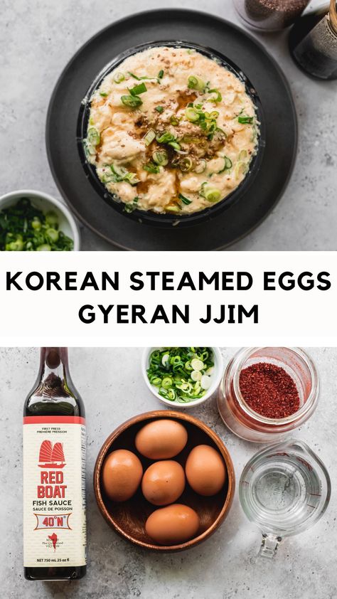 Soft and fluffy Korean Steamed Eggs, also known as Gyeran Jjim. Make this classic and popular Korean side dish in only 15 minutes! Enjoy the fluffy texture and savory, addictive flavor. A universally adored Korean recipe that's extremely versatile. And easy to make! Gyeran Bap, Korean Steamed Eggs, Korean Feast, Korean Steamed Egg, Korean Breakfast, Korean Recipe, Asian Side Dishes, Food Korean, Korean Side Dishes