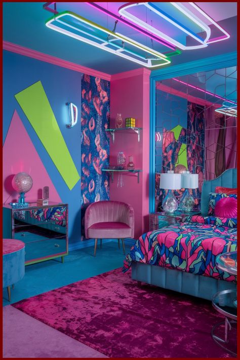 Vibrant, colorful bedroom with neon lights, abstract wall patterns, and bold pink and blue decor. Lisa Frank Bedroom Ideas, 1980s Room Aesthetic, Themed Rooms For Teens, Bedroom 80s Style, Vaporwave Room Aesthetic, 80s Style Bedroom, Retro Room Ideas 1980s, 80s Aesthetic Bedroom, 80s Teen Bedroom