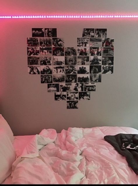 How To Set Photos On Wall, Heart Shape With Pictures, Photo Wall Collage Bedroom Heart, Pics On Wall Ideas Bedroom, Picture Wall Heart Shape, Diy Wall Picture Ideas, Boyfriend And Girlfriend Room Ideas, Wall Photo Frame Ideas Bedrooms, Printed Picture Wall Ideas