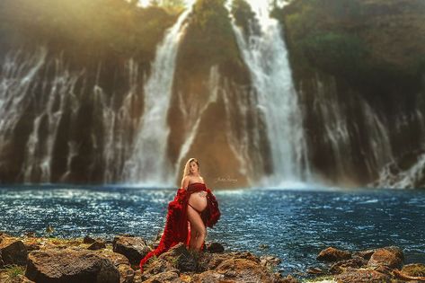 Maternity photo shoot, burgundy robe, California waterfall California Waterfalls, Maternity Photography Poses Outdoors, Photoshoot Maternity, Maternity Photography Poses Pregnancy Pics, Maternity Photoshoot Outfits, Waterfall Photo, Maternity Photo Shoot, Mermaid Aesthetic, Maternity Photography Poses