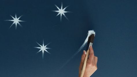 How To Paint Stars On Wall, Paint Stars On Ceiling, Stars Painted On Ceiling, Starry Ceiling Bedroom, Star Ceiling Diy, Tall Ceilings Bedroom, Stars On The Ceiling, Star Mural, Peacock Blue Paint