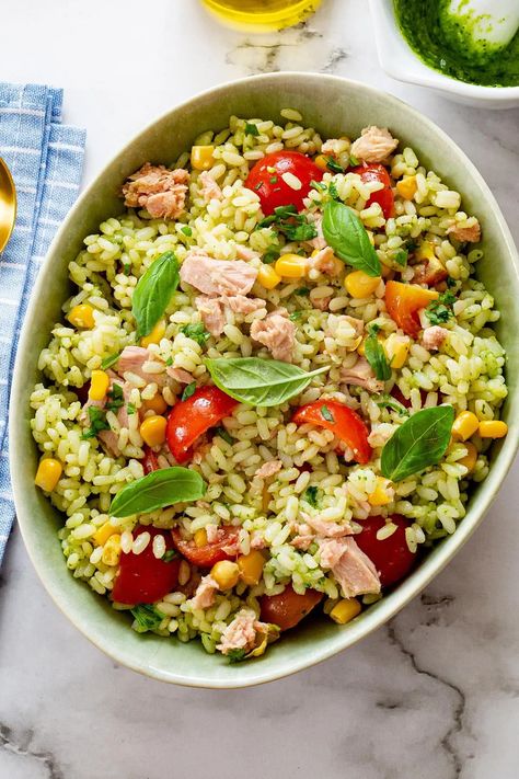 Pesto Rice Salad With Tuna Tuna Rice Salad Recipes, Orzo Tuna Salad, Tuna Salad With Chickpeas, Chickpea Tuna Salad Recipes, Tuna And Chickpea Salad, Tuna Rice And Peas, Tuna Rice Salad, Pesto Dinner, Italian Salads