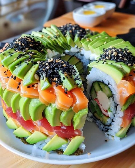 Avani Recipes | Avocado Sushi Cake | Facebook Sushi Cake Birthday, Nori Sheets, Avocado Sushi, Recipes Avocado, Sushi Cake, Roblox Cake, Fruit Creations, Sandwich Cake, Cheesy Bacon