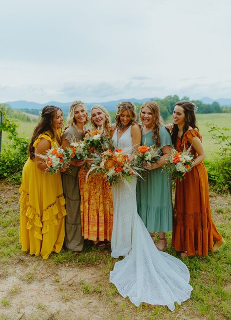 Colored Hippie Wedding Dress, Eclectic Bridesmaids Dresses, Eclectic Bridesmaid Dresses Fall, Mccall Mitchell Wedding, Eclectic Wedding Party, Vibrant Boho Wedding, Summer Sunset Color Palette Wedding, Multicolor Wedding Party, Colorful Wedding Party Attire