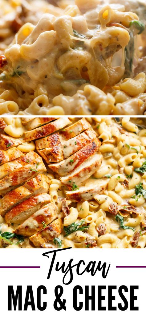 Mac And Cheese One Pot, Tuscan Chicken Mac And Cheese, Tuscan Dishes, Chicken Mac And Cheese, Cheesy Macaroni, Best Pasta Dishes, Cafe Delites, Tuscan Chicken, Yummy Pasta Recipes