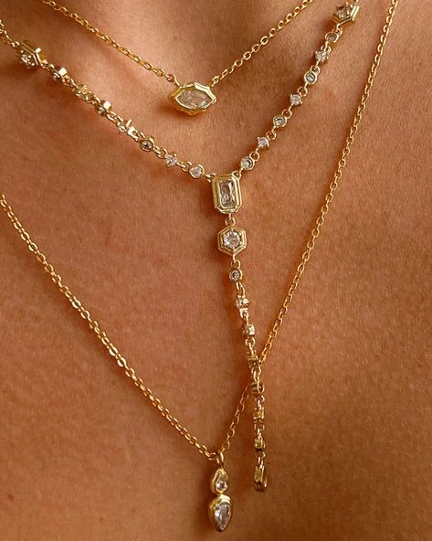 Lariat necklace with bezel-set CZ stone details Necklace is 14" long with a 2" extender Lariat drop is 3" CZ Stones Plated Gold Also available in Silver Lobster clasp Necklace is 100% nickel-free and cadmium-free Lariat Necklace Gold, Long Necklace Gold, Long Gold Necklace, Lariat Style Necklace, Gold Drop Necklace, Gold Lariat Necklace, Pretty Jewelry Necklaces, Luv Aj, Detailed Necklace