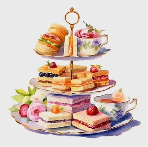 Afternoon Tea England, Tea Party Drawing Reference, Teatime Illustration, High Tea Aesthetic, Sketching Challenge, Sandwich Drawing, Tea Time Illustration, High Tea Food, Plate Drawing