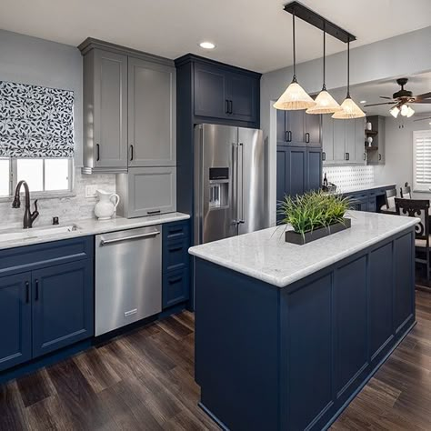 Rustic Comforts Kitchen Flooring Ideas With Navy Cabinets, Navy Blue Kitchen Cabinets Grey Walls, Blue Color Kitchen Cabinets, Navy White And Grey Kitchen, Gray And Navy Kitchen Cabinets, Grey And Blue Cabinets Kitchen, Blue And Silver Kitchen Ideas, Slate Blue And White Kitchen, Navy Gray Kitchen